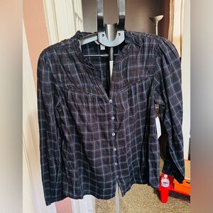 Time and Tru Black Plaid Button-Down Shirt with Blue and Red Lines